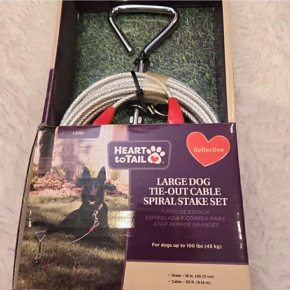 Large Dog Tie-Out Cable Spiral Stake Set Reflective NWT